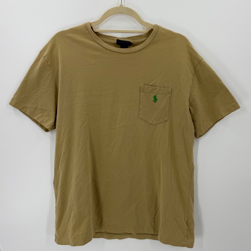 Polo Ralph Lauren Pocket T-Shirt Green Pony Logo Size M Tan Khaki Classic Tee